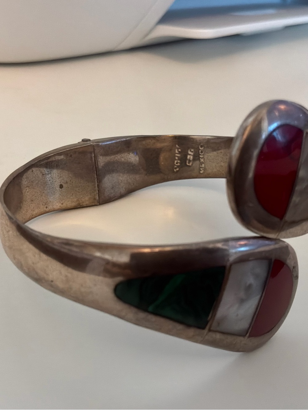 Vintage Sterling Silver Cuff Bracelet with Red, Green and White Inlay